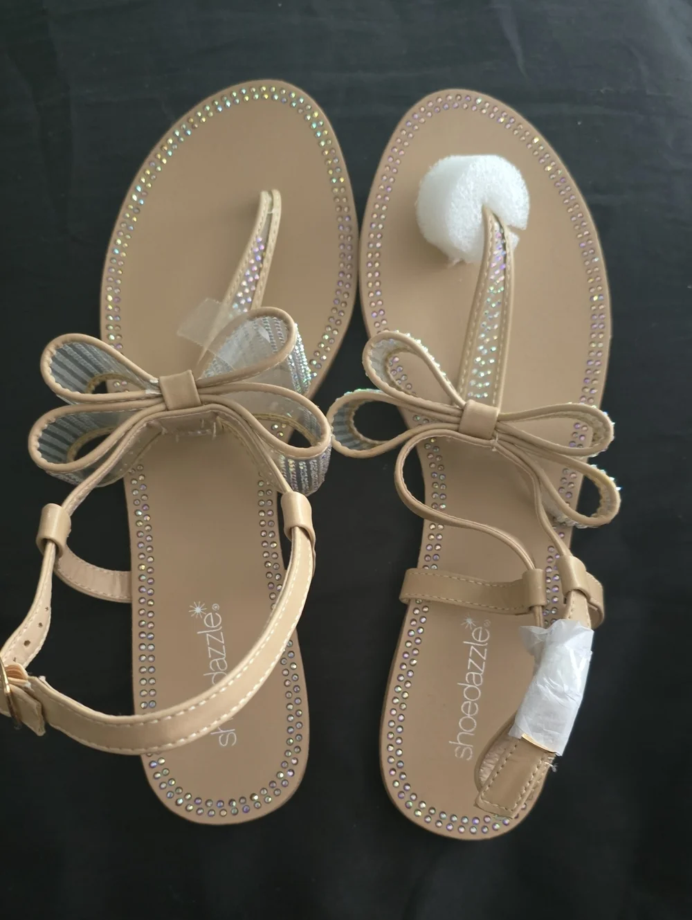 Shoe Dazzle Nude Bow Toe-Post Sandals with Rhinestone Trim